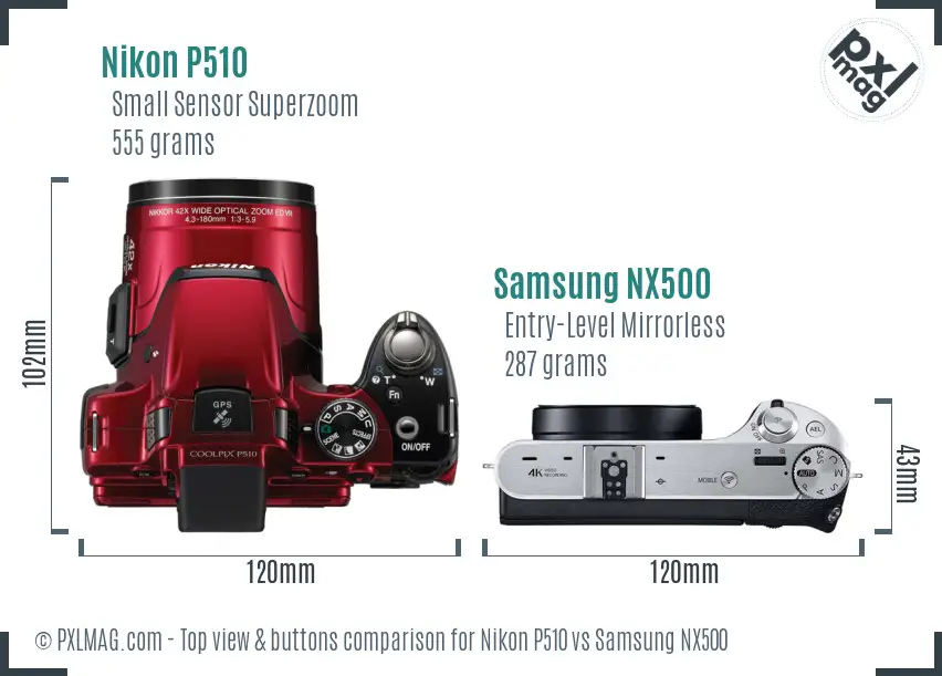 Nikon P510 vs Samsung NX500 top view buttons comparison Nikon P510 vs Samsung NX500 top view buttons comparison