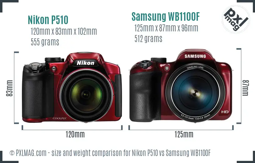 Nikon P510 vs Samsung WB1100F size comparison