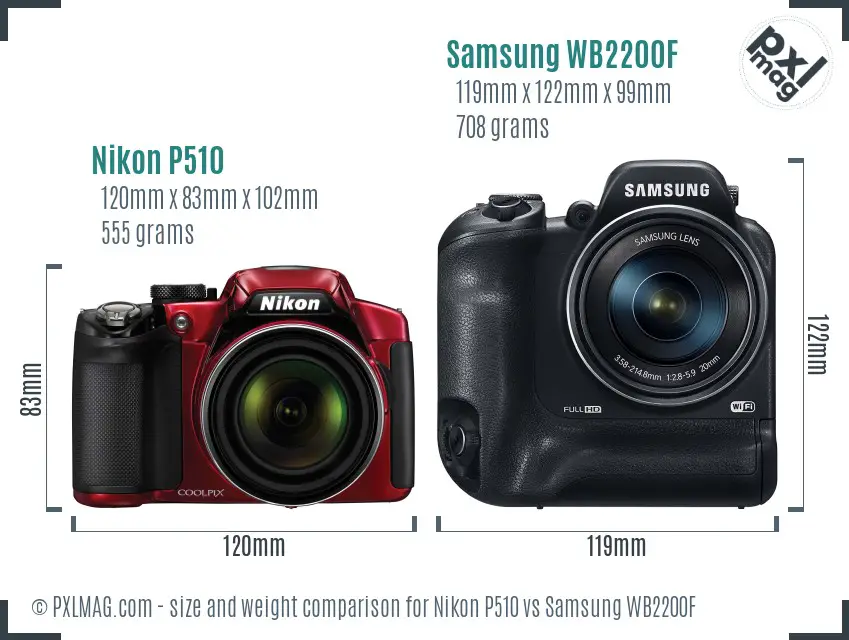 Nikon P510 vs Samsung WB2200F size comparison