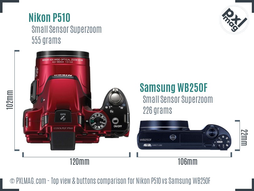 Nikon P510 vs Samsung WB250F top view buttons comparison