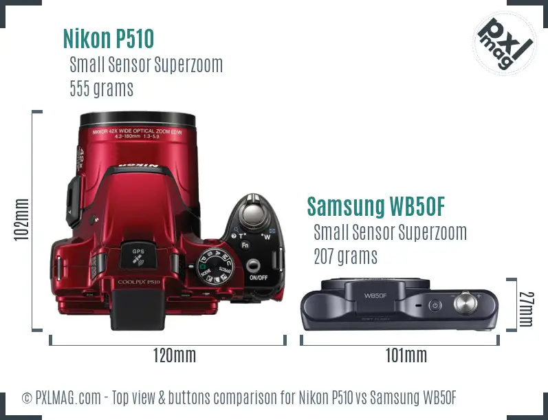 Nikon P510 vs Samsung WB50F top view buttons comparison Nikon P510 vs Samsung WB50F top view buttons comparison