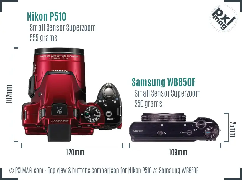 Nikon P510 vs Samsung WB850F top view buttons comparison