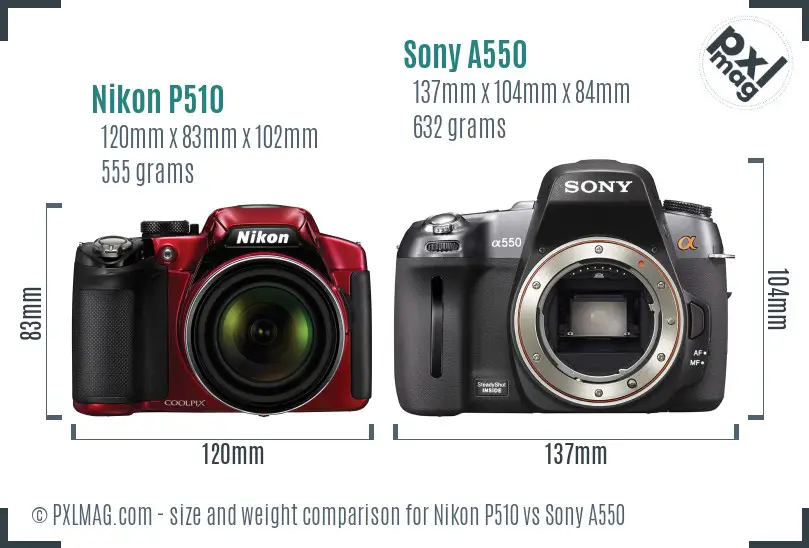 Nikon P510 vs Sony A550 size comparison