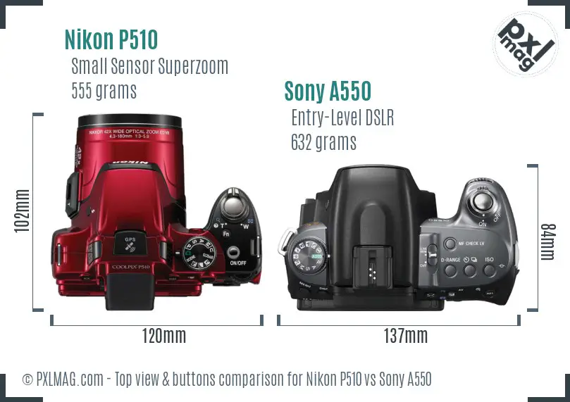 Nikon P510 vs Sony A550 top view buttons comparison