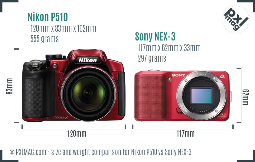 Nikon P510 vs Sony NEX-3 size comparison