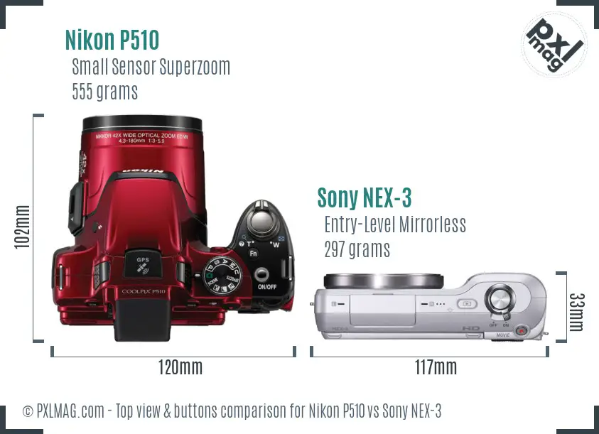 Nikon P510 vs Sony NEX-3 top view buttons comparison