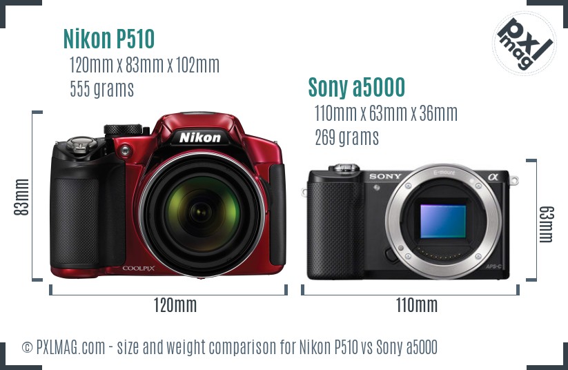 Nikon P510 vs Sony a5000 size comparison