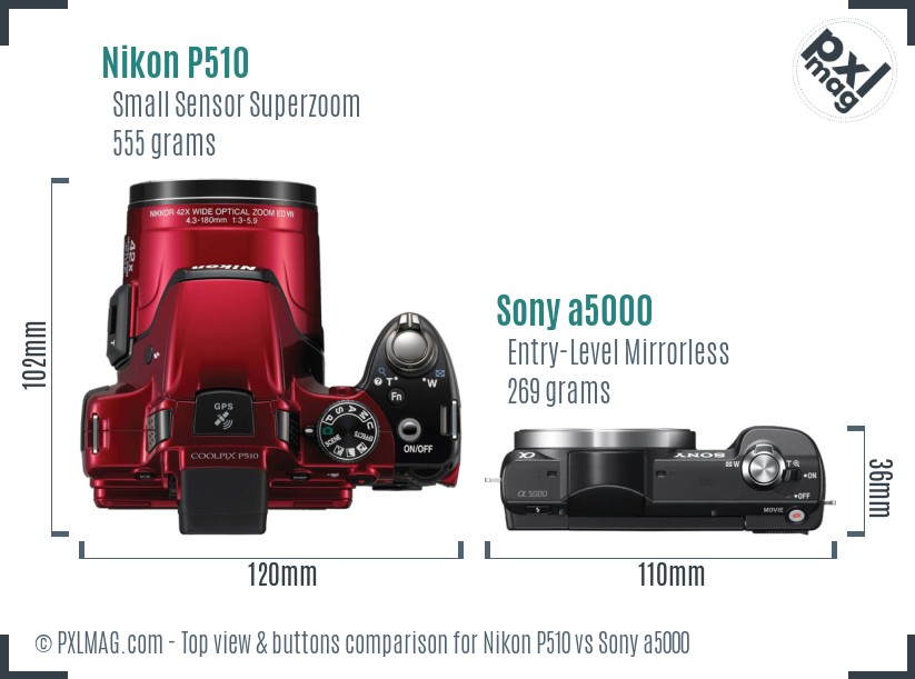 Nikon P510 vs Sony a5000 top view buttons comparison