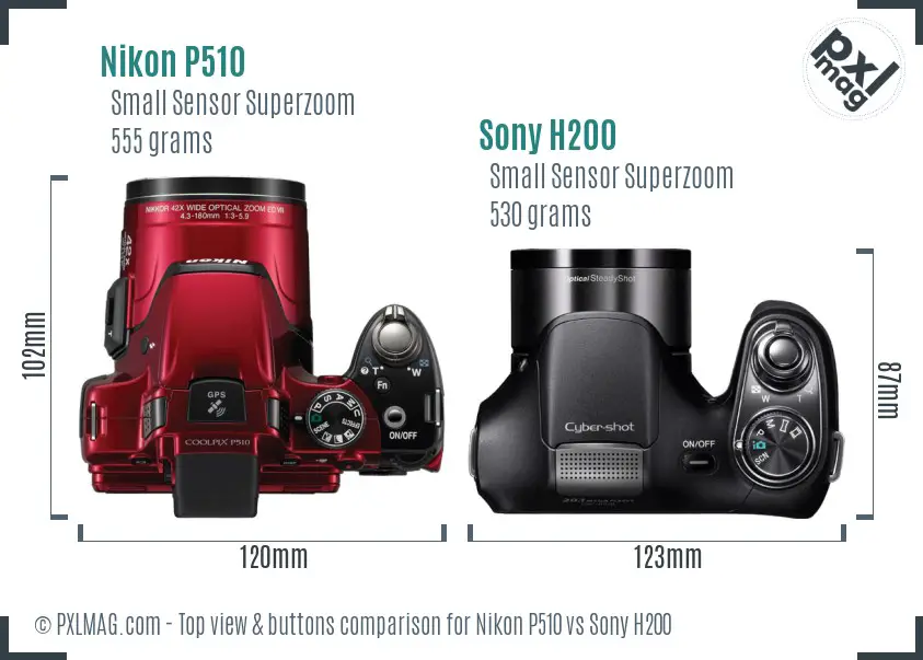 Nikon P510 vs Sony H200 top view buttons comparison