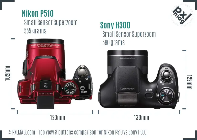 Nikon P510 vs Sony H300 top view buttons comparison