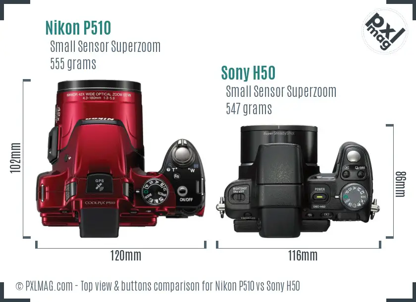 Nikon P510 vs Sony H50 top view buttons comparison