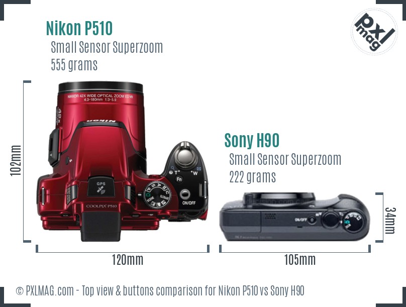 Nikon P510 vs Sony H90 top view buttons comparison