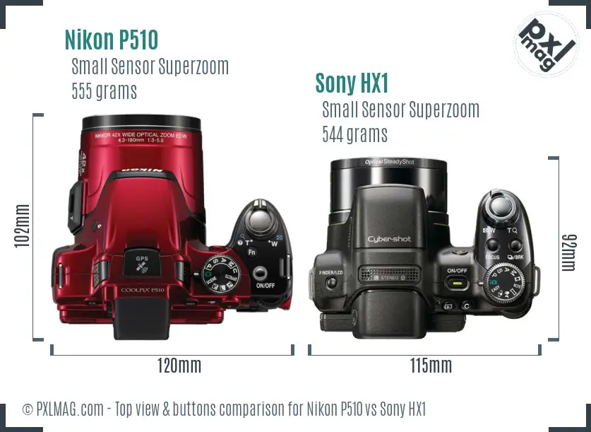 Nikon P510 vs Sony HX1 top view buttons comparison