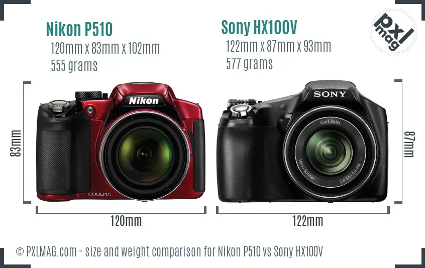 Nikon P510 vs Sony HX100V size comparison