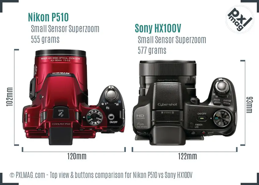 Nikon P510 vs Sony HX100V top view buttons comparison