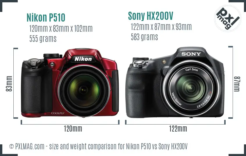 Nikon P510 vs Sony HX200V size comparison