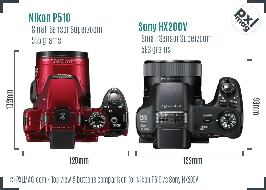 Nikon P510 vs Sony HX200V top view buttons comparison