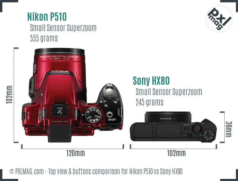 Nikon P510 vs Sony HX80 top view buttons comparison
