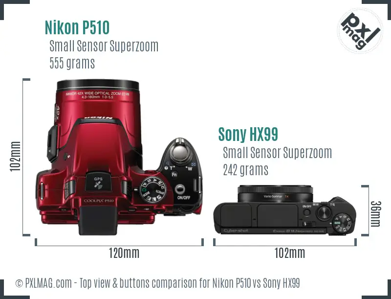Nikon P510 vs Sony HX99 top view buttons comparison