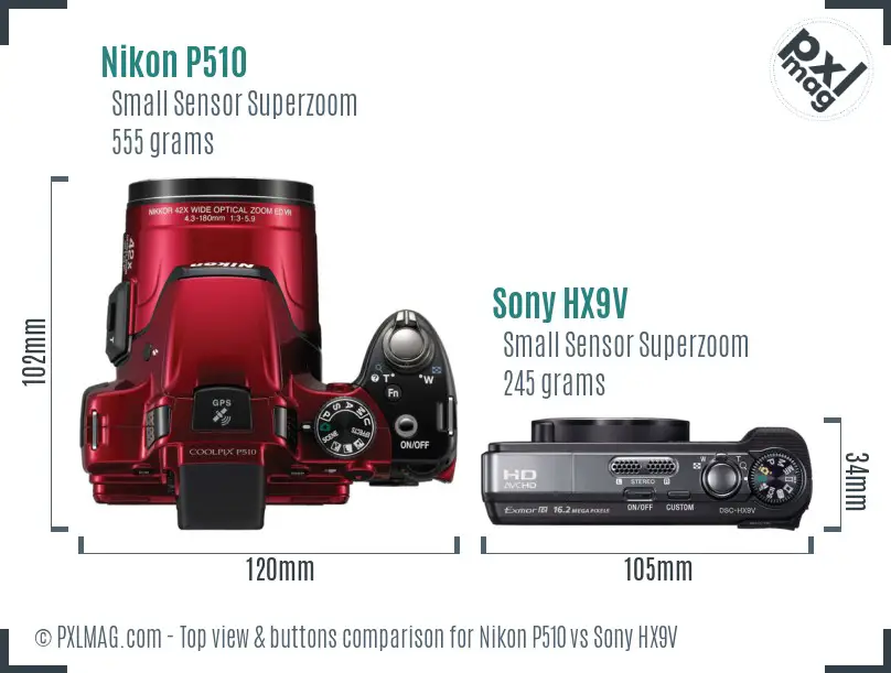 Nikon P510 vs Sony HX9V top view buttons comparison Nikon P510 vs Sony HX9V top view buttons comparison