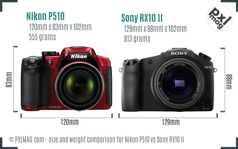 Nikon P510 vs Sony RX10 II size comparison