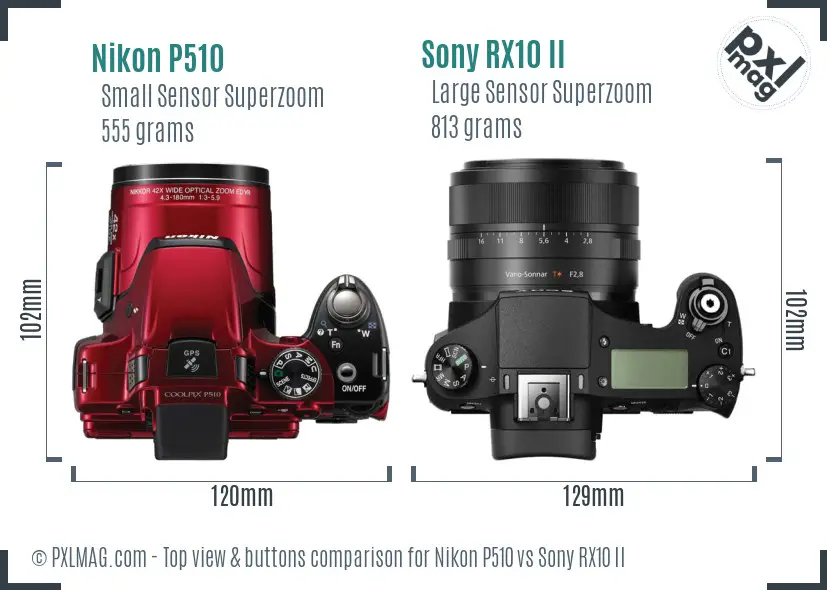 Nikon P510 vs Sony RX10 II top view buttons comparison