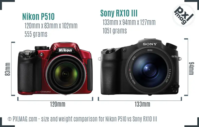 Nikon P510 vs Sony RX10 III size comparison