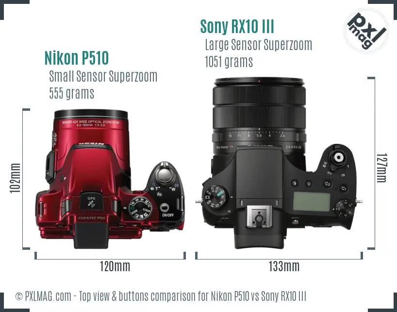 Nikon P510 vs Sony RX10 III top view buttons comparison
