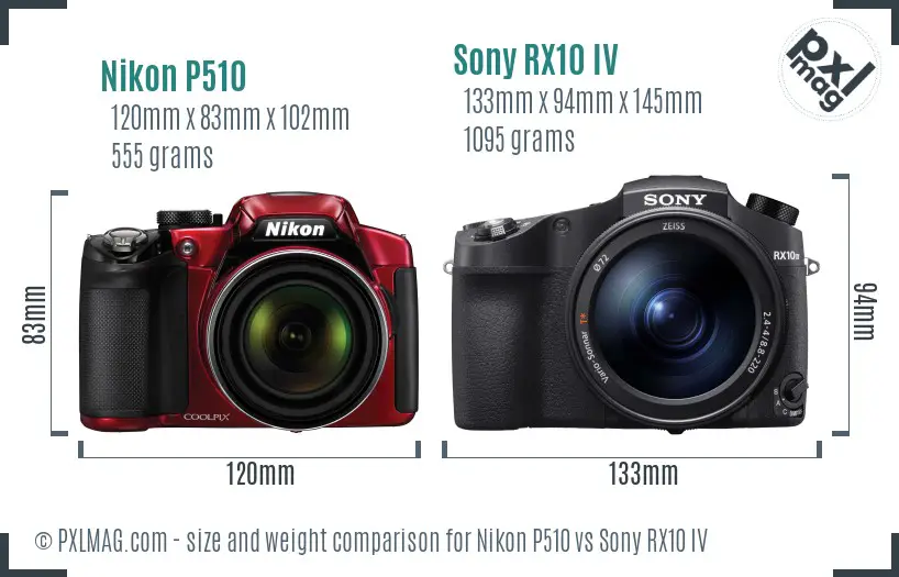 Nikon P510 vs Sony RX10 IV size comparison