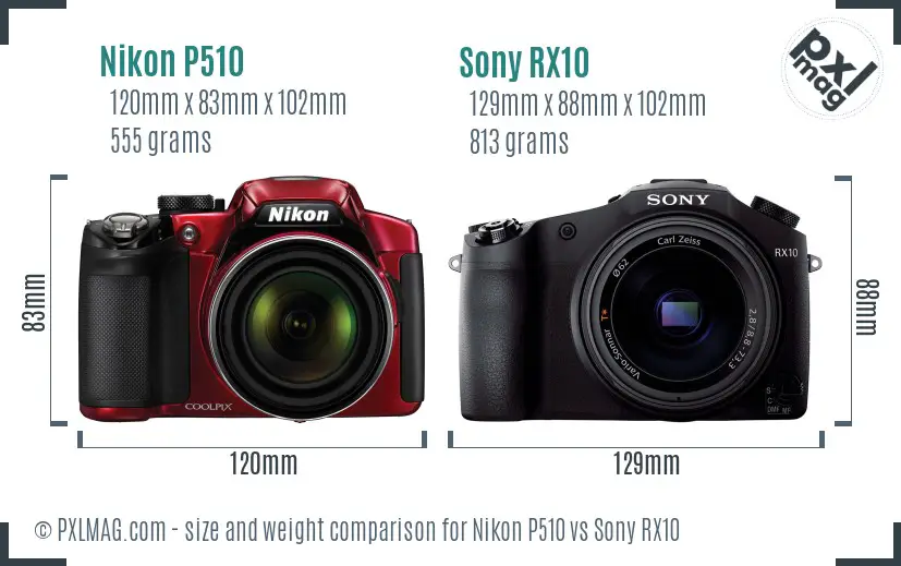 Nikon P510 vs Sony RX10 size comparison