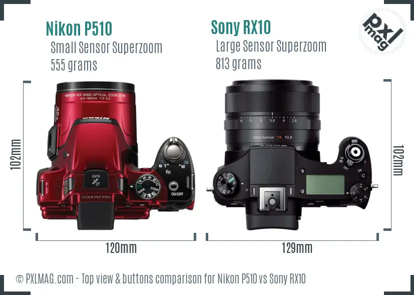 Nikon P510 vs Sony RX10 top view buttons comparison