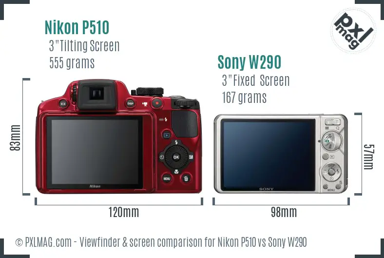 Nikon P510 vs Sony W290 Screen and Viewfinder comparison