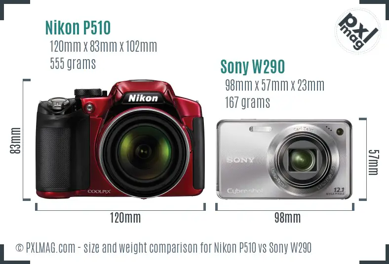 Nikon P510 vs Sony W290 size comparison