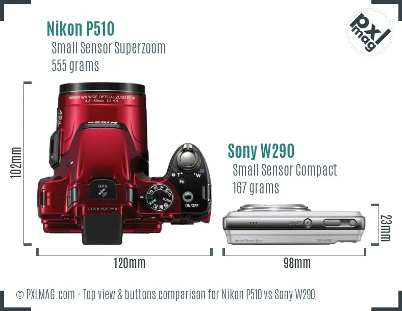 Nikon P510 vs Sony W290 top view buttons comparison