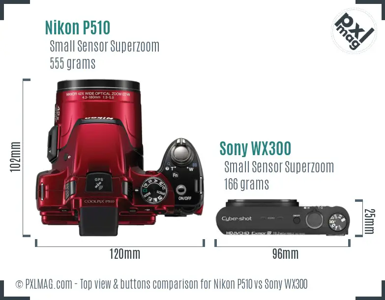 Nikon P510 vs Sony WX300 top view buttons comparison