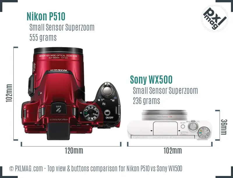 Nikon P510 vs Sony WX500 top view buttons comparison