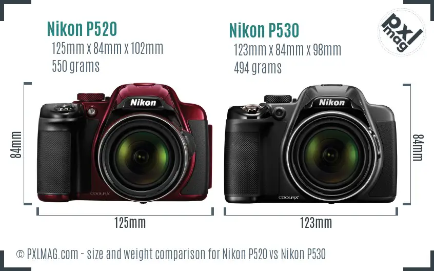 Nikon P520 vs Nikon P530 size comparison