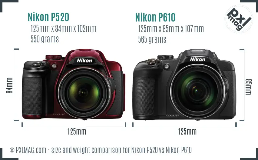 Nikon P520 vs Nikon P610 size comparison