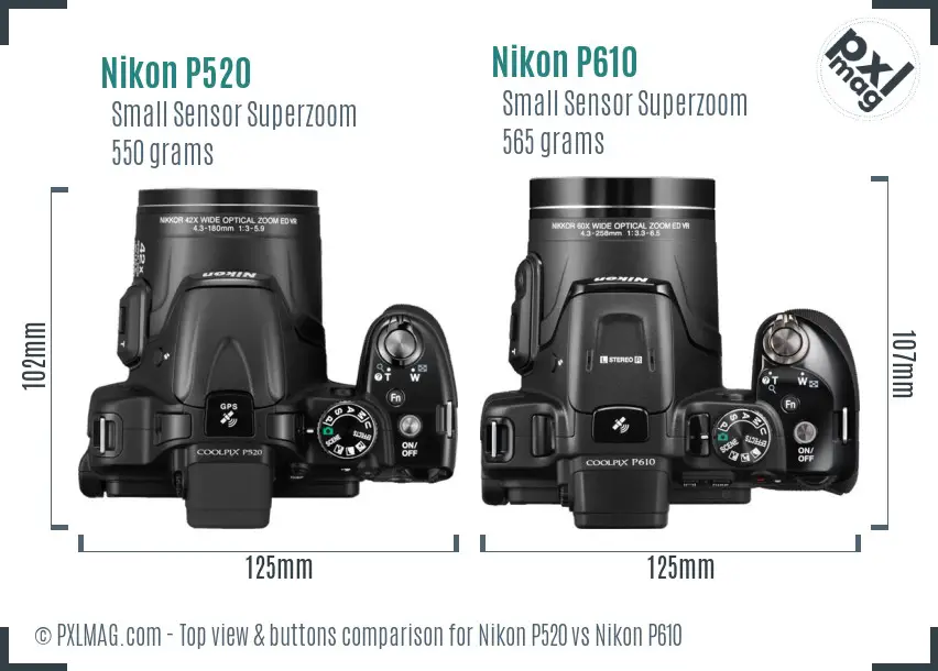 Nikon P520 vs Nikon P610 top view buttons comparison