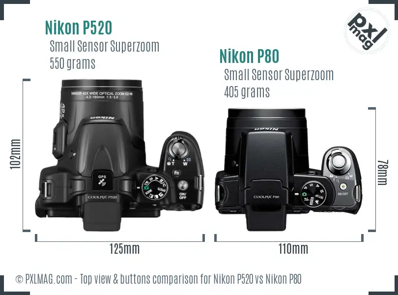 Nikon P520 vs Nikon P80 top view buttons comparison