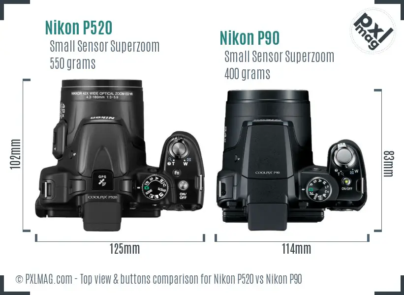 Nikon P520 vs Nikon P90 top view buttons comparison