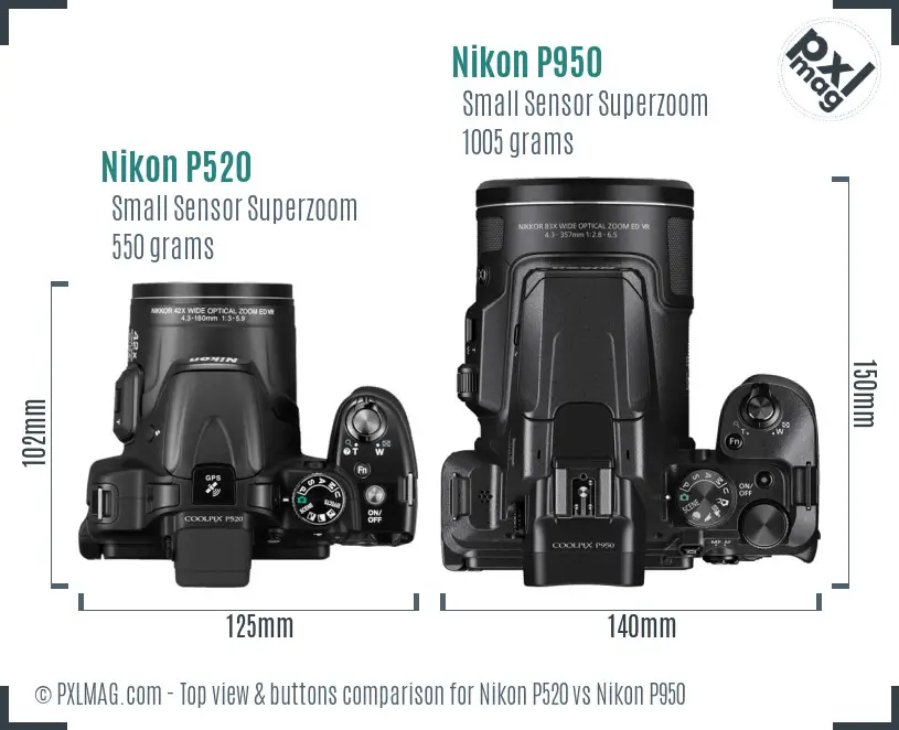Nikon P520 vs Nikon P950 top view buttons comparison