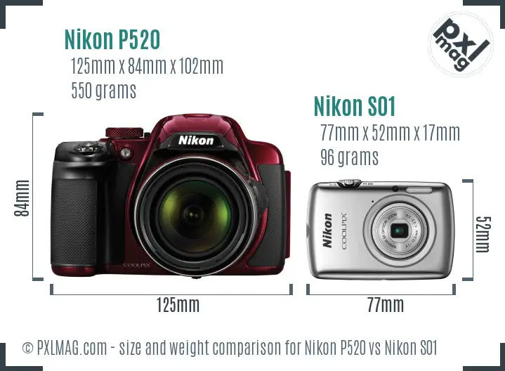 Nikon P520 vs Nikon S01 size comparison