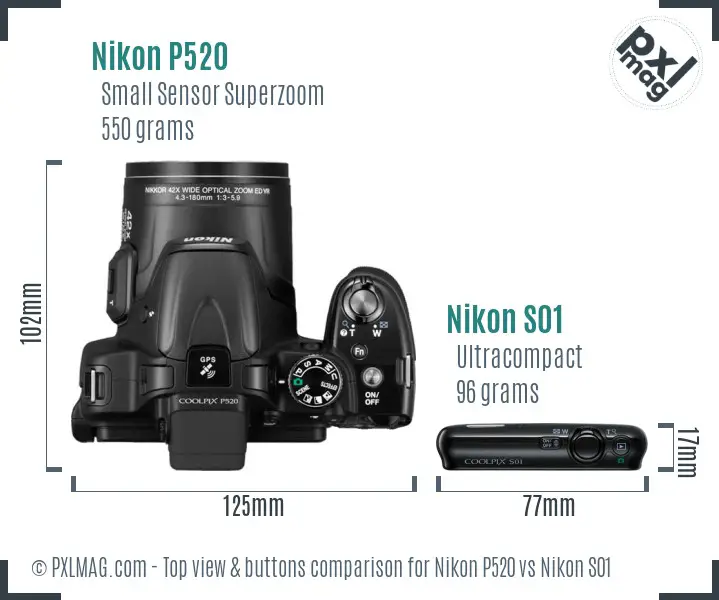 Nikon P520 vs Nikon S01 top view buttons comparison