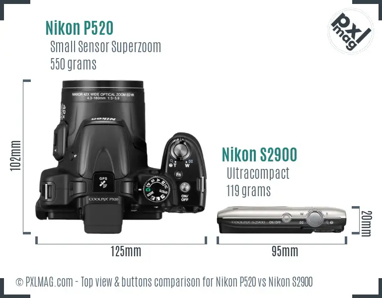 Nikon P520 vs Nikon S2900 top view buttons comparison