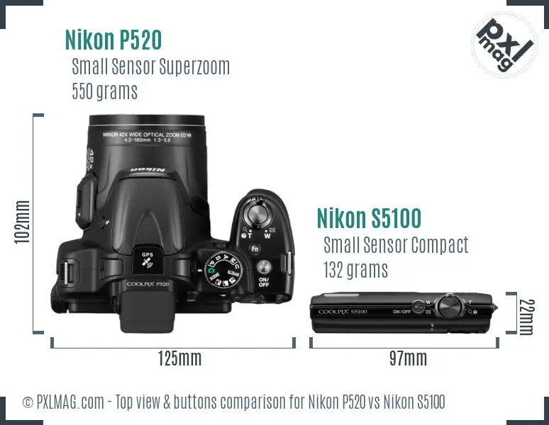 Nikon P520 vs Nikon S5100 top view buttons comparison