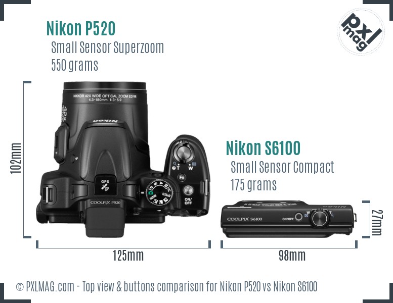 Nikon P520 vs Nikon S6100 top view buttons comparison