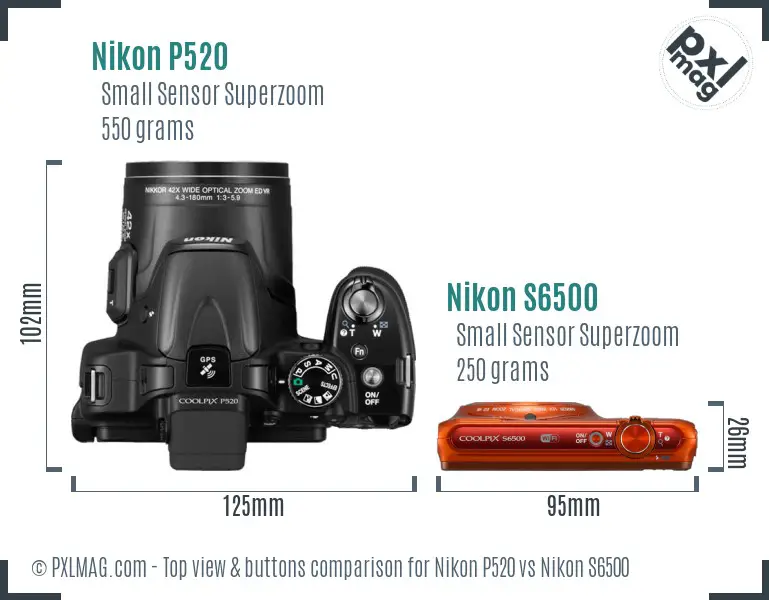 Nikon P520 vs Nikon S6500 top view buttons comparison