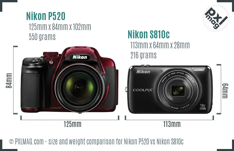 Nikon P520 vs Nikon S810c size comparison