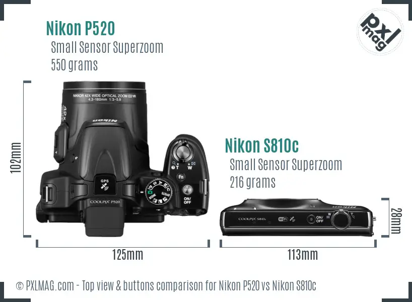 Nikon P520 vs Nikon S810c top view buttons comparison